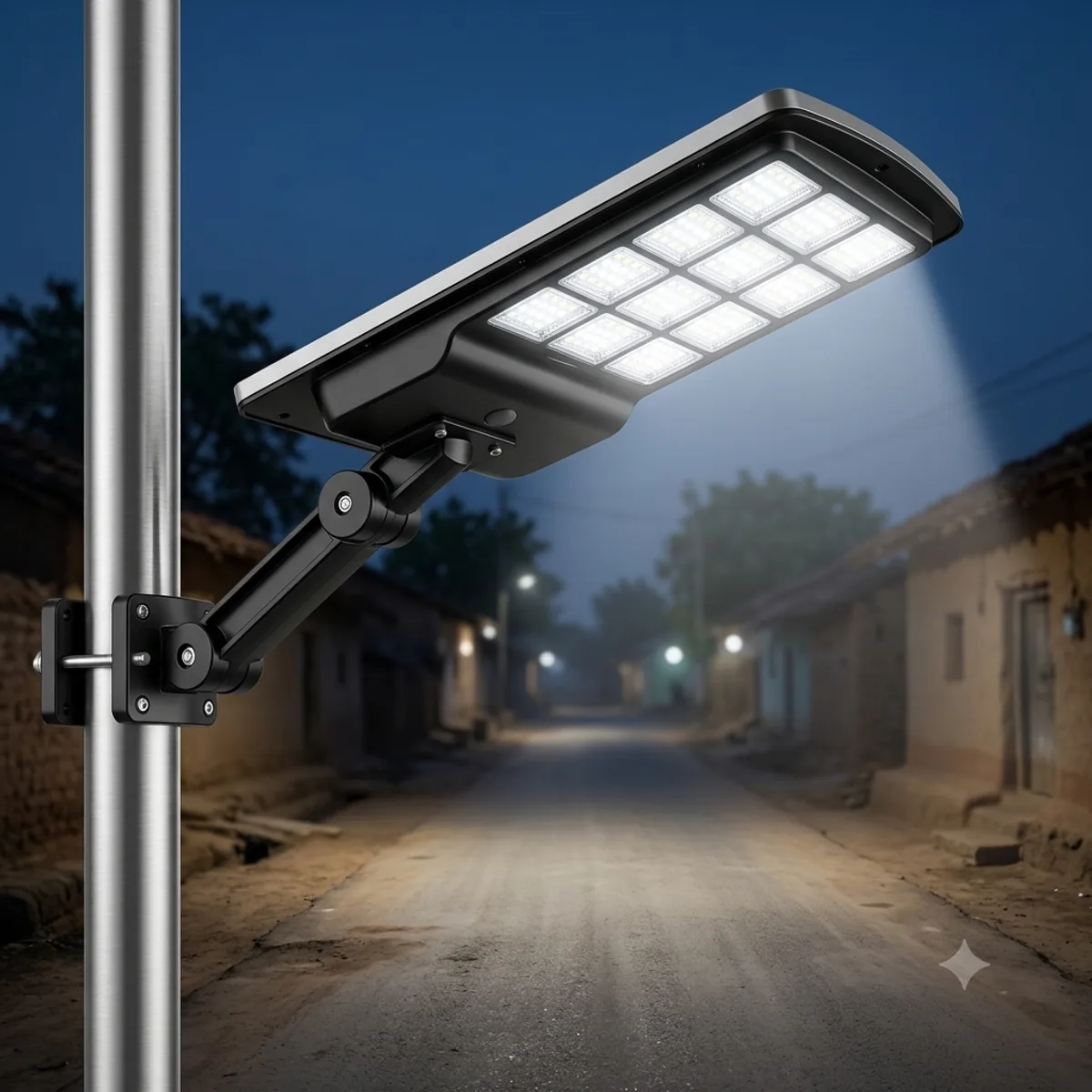 One Ultra 100 on a pole clamp, lighting the full width of the lane. Charges by day, on by itself at dusk.